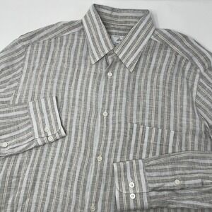 Brioni for Neiman Marcus Italy Men's Medium Gray Stripe Linen Button Down Shirt